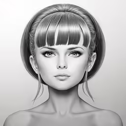 a woman with a short bun and bangs in a pencil drawing