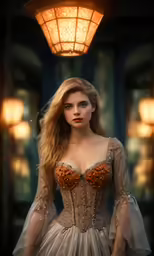 a young woman wearing a corset and dress poses for the camera