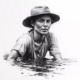 a woman sitting on the ground wearing a hat