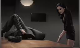two people dressed in suits standing around a table