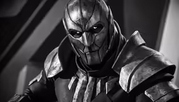 the villain mask in a black and white photo