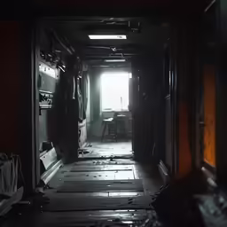 a long dark corridor with several items in it