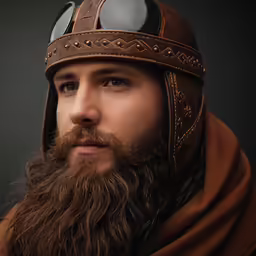 the man has a big beard and a helmet on