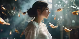 a woman staring into a group of flying moths