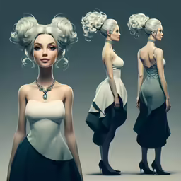 a character in different clothing poses with hair up
