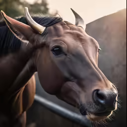 the head of an ox with huge horns in a pen