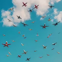the airplanes are flying above each other on the clear blue sky