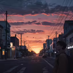 a man is walking down the road at dusk