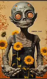an alien is holding sunflowers with a message
