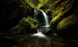 a waterfall that is surrounded by lush green plants