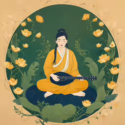 an artistic painting of a person with a guitar sitting in a lotus position,a woman in yellow is holding a guitar and has an oriental landscape