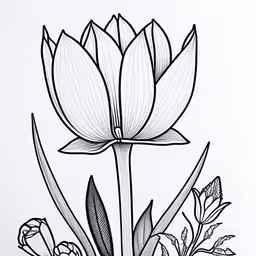 a black and white illustration of flowers with leaves,two flowers with leaf designs on the sides