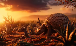 a large animal eating on grass at sunset