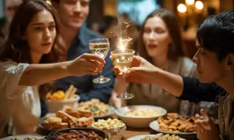 a man holding a wine glass to another woman and others