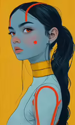 a painting of a young woman with orange circles on her face