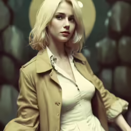 a blonde woman posing for a photo in front of a dark background