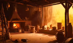 there are pots on the floor of a room,this is a room with a fire in the fireplace