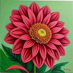 a painting of a large, red flower with large green leaves,a painting of a large red flower with green background,this is a painting of a flower,an oil painting of a large pink flower with yellow center,a painting of a pink flower with green background