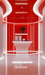 a white table sitting inside of a red room