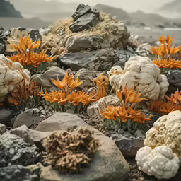 some yellow flowers on some rocks by the water