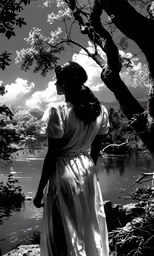 a black and white photo of a woman standing near water