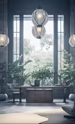 an empty room with a sofa, windows and plant displays