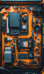 the inside of an orange and black utility vehicle