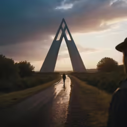 a couple on bicycles are standing in front of the large monument
