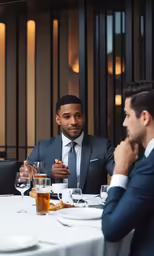 two young men are sitting at a table talking