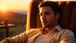 a man is sitting in an orange chair while sun sets,a young man sitting in an orange chair while the sun is setting
