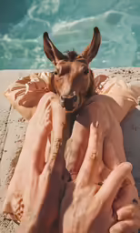 an animal is sitting on top of someones arm