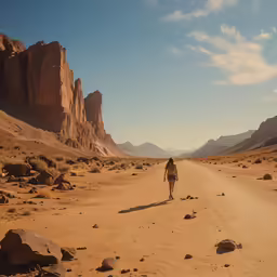 two people walk along a desert road
