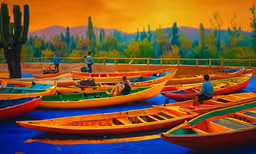 a bunch of canoes are sitting in the water,an image of a beautiful scenery with many colorful boats
