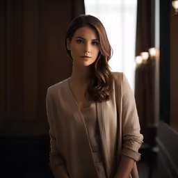 a woman with long dark hair and a coat poses in a dark room