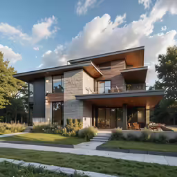 modern two - story house with expansive patio under a partly cloudy sky