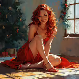 a girl sitting on the floor wearing a red dress,a painting of a woman smiling in a red dress