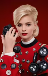 blonde with black and white nail polish and red sweater holding a cell phone