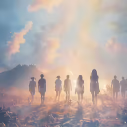 a group of people walking in a field in front of mountains