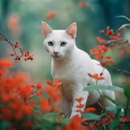 a white cat sitting on top of a tree branch