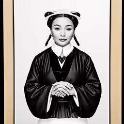 an asian woman in traditional clothing posing for the camera
