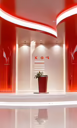 the red walls in the room has plants in it