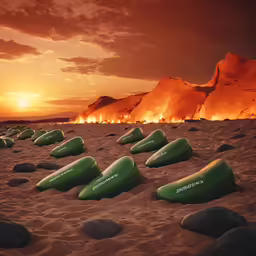 there is an animated picture of a group of green boats on the beach