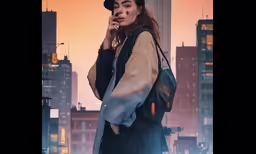 the young woman is posing with her hat on