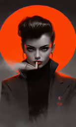 an artistic photograph of a young woman with her nose covered by smoke