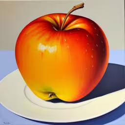 a painting of an apple on a plate,a painting of a red apple on top of a white plate,painting of a ripe red apple on a plate,an apple sitting on top of a white plate,the apple is resting on the plate with the knife beside it