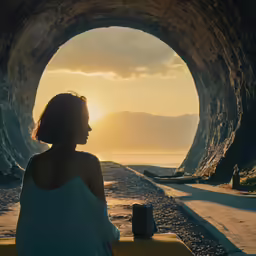 a woman is sitting in the tunnel with the sun rising