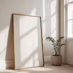 a frame next to a potted plant and a window