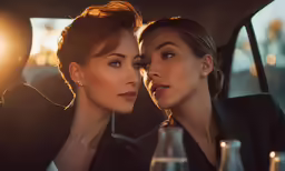 two beautiful women are in the backseat of a car