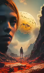 a couple on a cliff with a space ship and planets in the sky