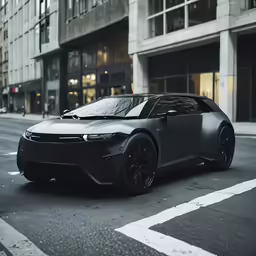 the car is parked on the street near buildings
